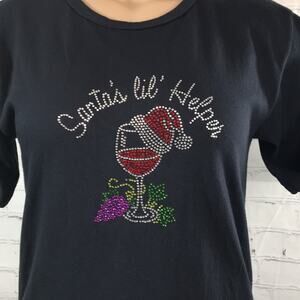 Anvil Santa's lil' Helper Glass‎ of Wine Black T-shirt Size Small Christmas